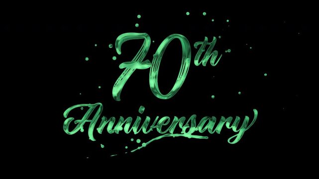 70th anniversary text animation in green metallic effect. suitable for celebrating special occasions, invitations, anniversary cards and social media. Includes alpha channel for any background.