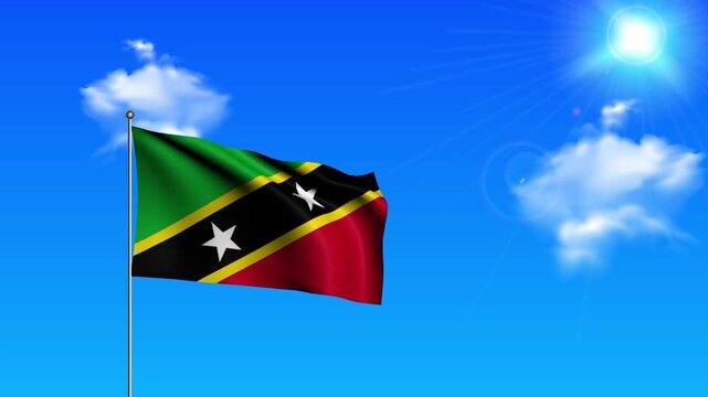 Realistic Standing Vertical Saint Kitts and Nevis Wavy Flag on Metallic Pole with Loop Animation