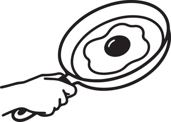 Obraz premium Hand holding a frying pan with a single fried egg, depicting a simple breakfast meal preparation in monochrome line art style.
