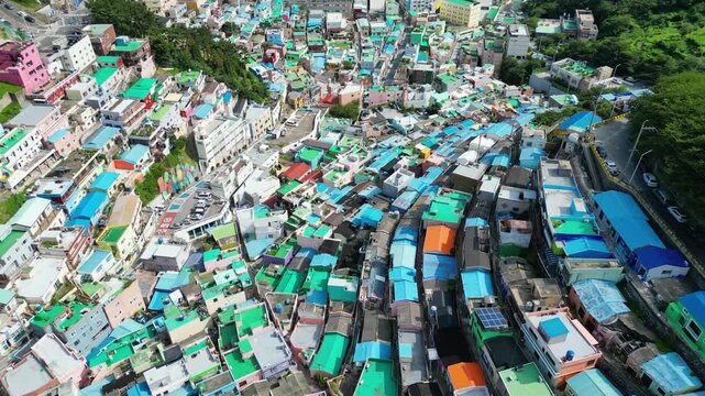 Flying over the Gamcheon Culture Village in Busan, South Korea