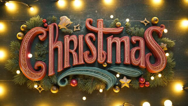 Decorative christmas typography in a quilling paper art style. Festive seasonal background with pine branches, ornaments, and blinking lights