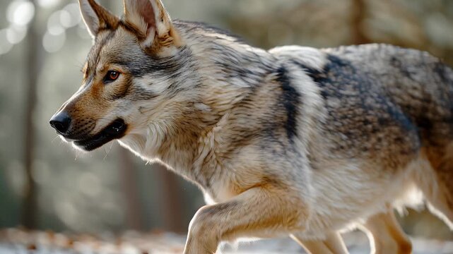 Wolf l&auml;uft durch die winterliche Landschaft