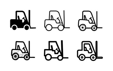 Fototapeta premium Hand-drawn forklift icons set in various styles for industrial designs