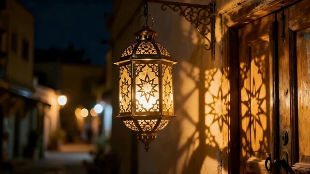 Ornate brass lantern with intricate patterns casting shadows on a wooden door in a dimly lit street at night.