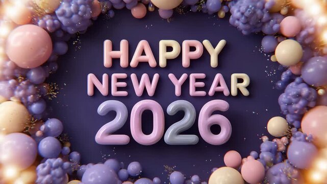 Shiny, festive 3d animation wishing a happy new year 2026. A decorative circular frame of colorful balloons glows with sparkling lights