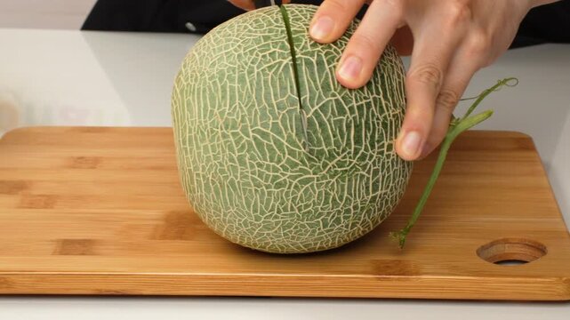 Static halved green netted melon. Fresh cantaloupe with orange flesh and seeds. Healthy food concept.
