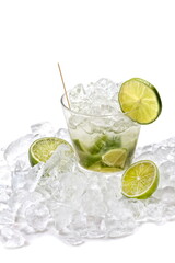 Classic lime caipirinha with sugar, muddled lime, and cachaça on a bed of ice against a white background.
