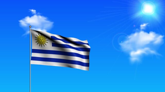 Realistic Standing Vertical Uruguay Wavy Flag on Metallic Pole with Loop Animation