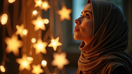 Conceptual & Emotional: Inspiration and ascension concept for Mi'raj. A Muslim woman looks up thoughtfully from her work, her face illuminated by the soft glow of fairy lights shaped like stars, symbo