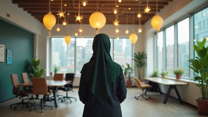 Cultural Celebration: Cultural decor in a modern space. Wide shot of an open-plan office with hanging stars and mosque silhouettes, where a hijabi professional is the central, engaged figure.