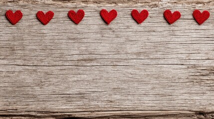 Row of small red textile hearts decorates the top border of weathered gray wooden surface