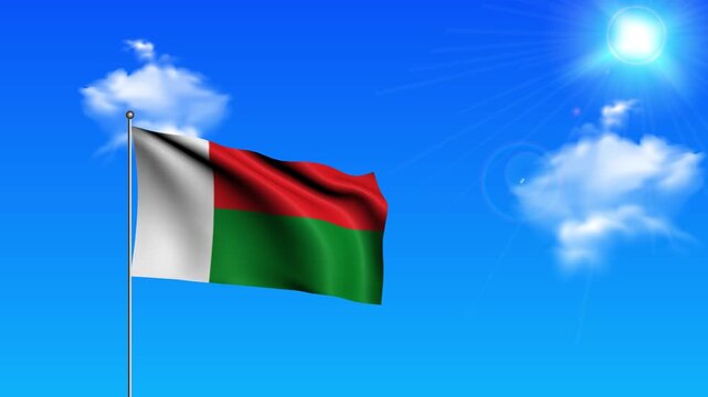 Realistic Standing Vertical MADAGASCAR Wavy Flag on Metallic Pole with Loop Animation