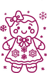 A charming hand-drawn illustration of a gingerbread girl wearing a festive dress adorned with snowflakes and a bow. Snowflakes are scattered around her.