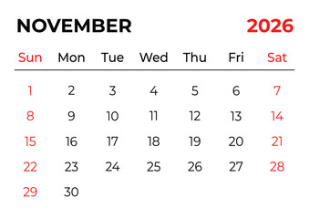 November 2026 Monthly Calendar Template | Red and Black Monday Start Printable Planner