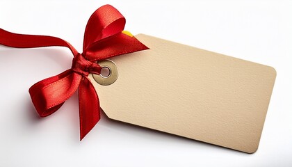 Close Up Of A Blank Beige Gift Tag With A Red Ribbon On White Background