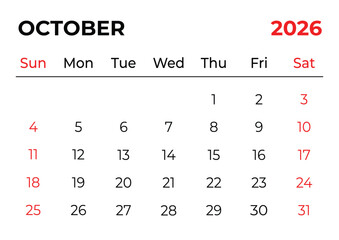 October 2026 Monthly Calendar Template | Red and Black Monday Start Printable Planner