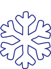 A stylized, six-pointed snowflake drawn with a thin blue outline against a clean white background. The design is symmetrical and abstract.