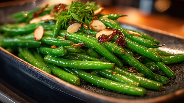 Sauteed green beans with toasted nuts and herbs for a delightful dish