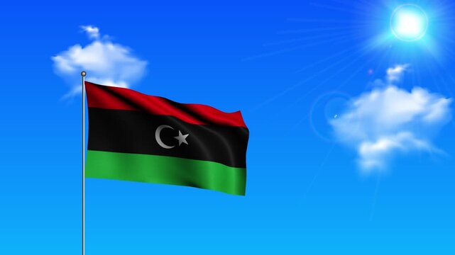 Realistic Standing Vertical LIBYA Wavy Flag on Metallic Pole with Loop Animation