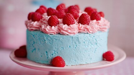 A delightful cake adorned with fresh raspberries and creamy frosting sits on a pastel plate.