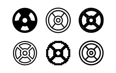 Set of wheel icons in mixed styles: solid, linear, pixelated designs