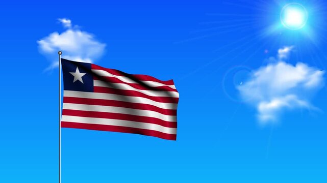 Realistic Standing Vertical LIBERIA Wavy Flag on Metallic Pole with Loop Animation