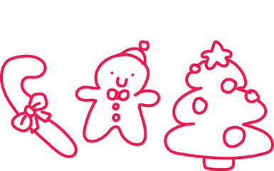 Simple hand drawn christmas icons candy cane gingerbread man and tree