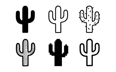 Fototapeta premium Variety of cactus designs in different styles: silhouette, pixel, and linear variations