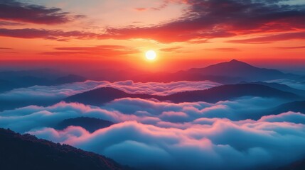 Obraz premium A stunning sunrise illuminates majestic mountains with vibrant orange and pink clouds, creating a breathtaking natural scene.