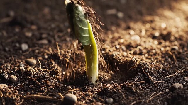 Quiet revolution happens in macro shot of seed in soil as stored starches convert to energy for upwa 23
