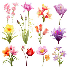 Colorful spring flowers set isolated on white background