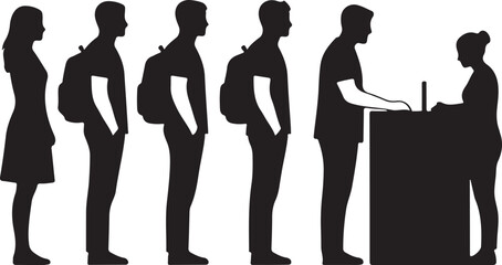 Customers and travelers standing in a structured queue, waiting patiently for assistance at a service counter or check-in desk.