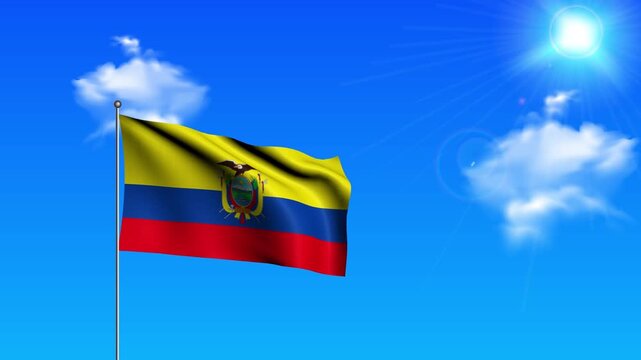 Realistic Standing Vertical ECUADOR Wavy Flag on Metallic Pole with Loop Animation