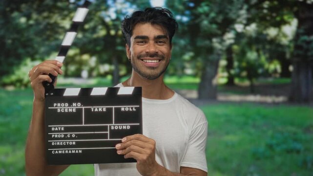 Man smiling broadly while holding clapboard and lifting clapper stick in forest under green foliage; joy.