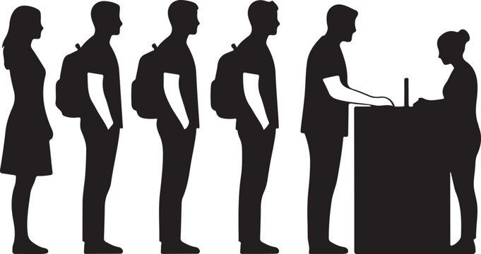 Customers and travelers standing in a structured queue, waiting patiently for assistance at a service counter or check-in desk.