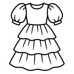 Elegant Line Art Illustration of a Women's Fashionable Tiered Dress Featuring Voluminous Puffy Sleeves and a Charming Ruffled Skirt Design, Perfect for Casual Wear, Summer Outfits, or Stylish Everyday