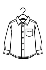 Minimalist black and white line art of a long-sleeved collared shirt with a chest pocket, hanging on a hanger. Ideal for fashion design, coloring pages, apparel diagrams, and digital clothing illustra