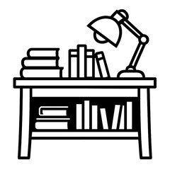 Minimalist black and white line art illustration featuring a classic study desk with an elegant table lamp, neatly stacked books on top, and an organized lower shelf brimming with literature, ideal fo