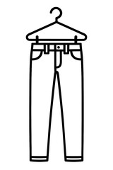 Minimalist vector outline icon of casual denim jeans or stylish trousers hanging on a clothes hanger. Perfect graphic for fashion, apparel, wardrobe organization, laundry, retail, clothing stores, and