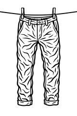 Monochromatic line art illustration of casual cuffed pants, resembling jeans or chinos, hanging on a clothesline via clothespins. This clean black and white graphic captures the essence of laundry day