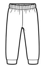 Simple black and white outline drawing of comfortable baby or toddler pants, featuring an elastic waistband and cuffed ankles. Ideal for coloring pages, clip art, and children's apparel design project