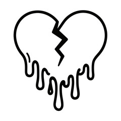 Minimalist black line art broken heart, jaggedly split with dark liquid dripping. Symbolizes intense heartbreak, sorrow, profound pain from lost love or separation. Conveys vulnerability, grief, shatt