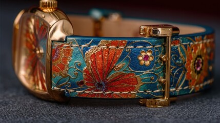 A stunning watch featuring a colorful floral pattern highlighting its artistic and unique craftsmanship.