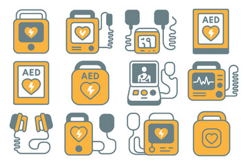 Various aed devices and heart monitoring equipment icons in yellow and gray.