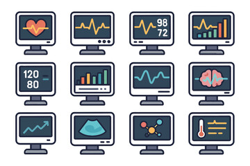Collection of medical monitor icons displaying heart rate, vital signs, and health statistics.