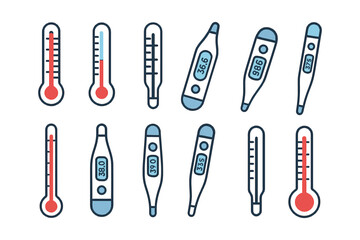 Variety of thermometers: analog and digital temperature measurement tools.