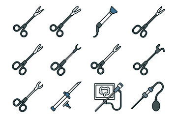 Medical laparoscopic instruments set for surgical procedures.
