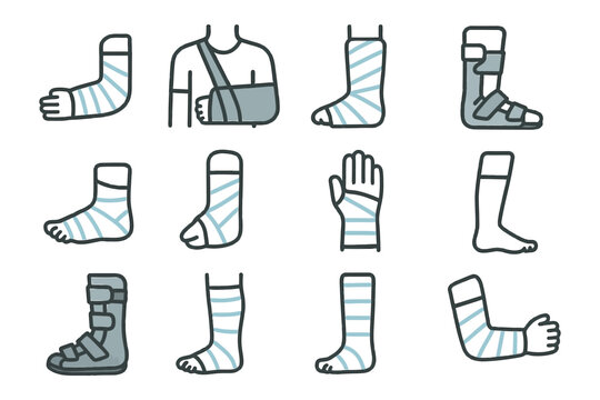 Medical bandages and casts for arm, leg, and foot injuries.