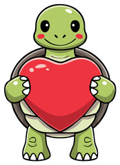 Obraz premium An adorable baby turtle cartoon character with blushing cheeks holding a big red heart symbol of love