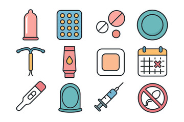 Colorful contraceptive methods collection: pills, condom, iud, syringe, calendar.